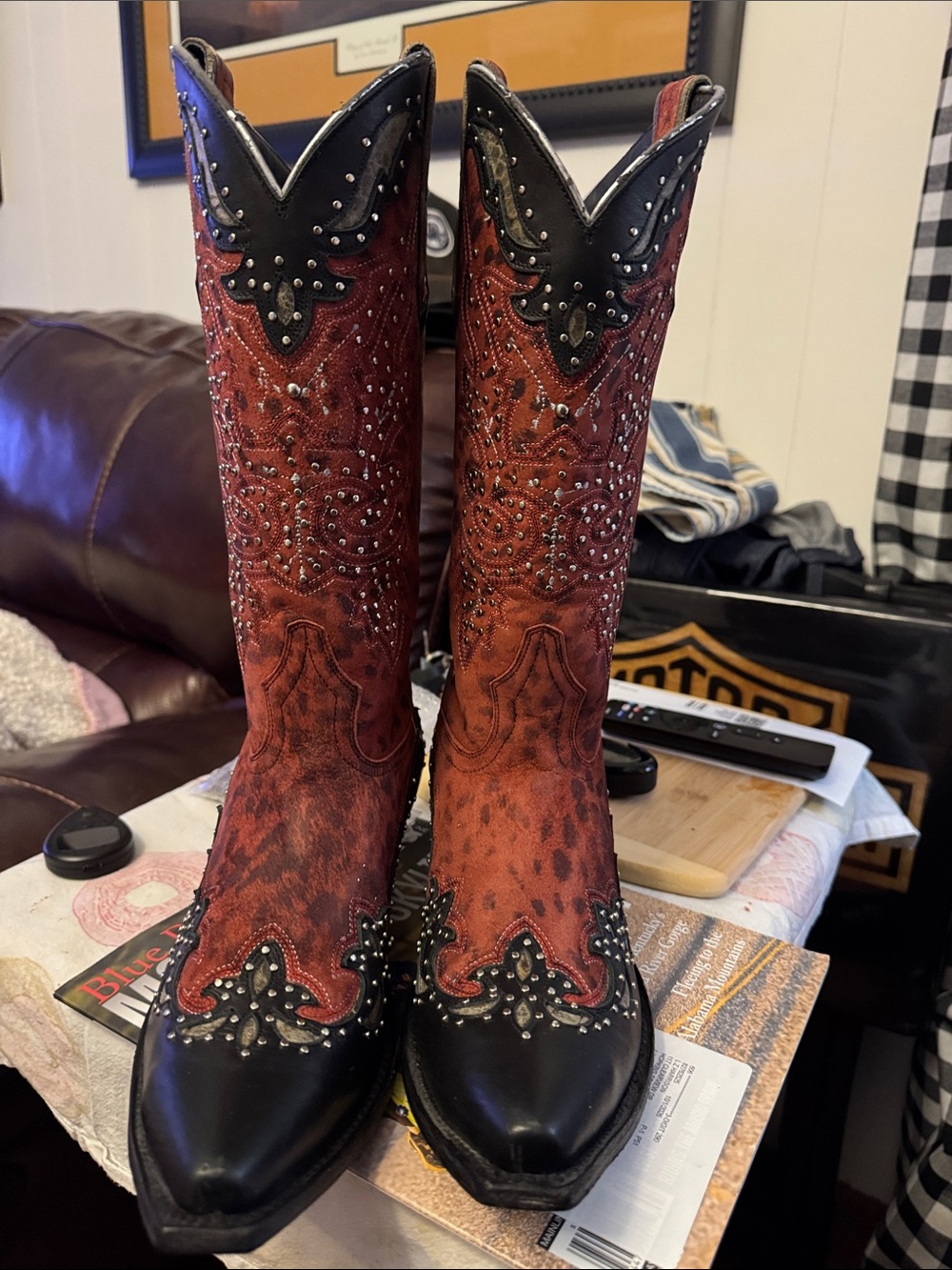Johnny Ringo Red Embellished Western Heeled Boots with Black Trim